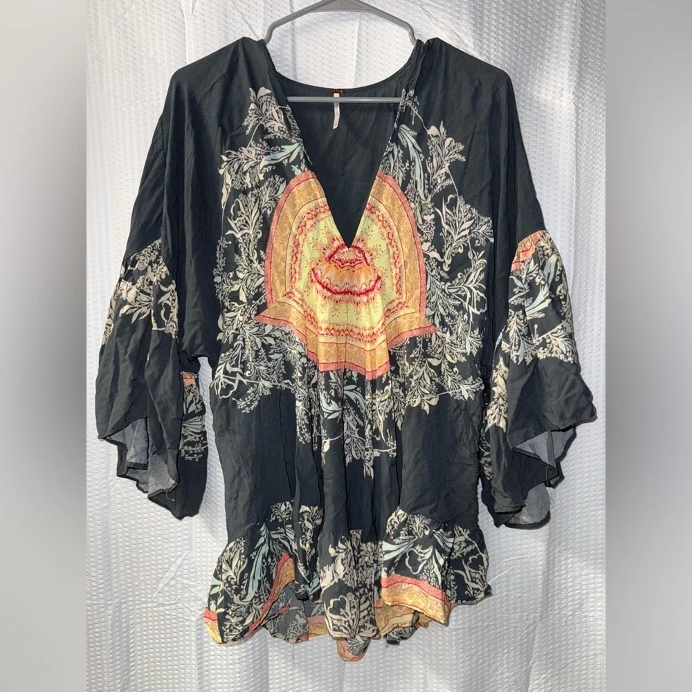 Free People Sunset Dreams Printed Bell-Sleeve Tunic Size S